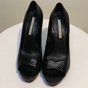 Vera Wang Lavender Black Snake Leather Open Toe Pumps, size 7